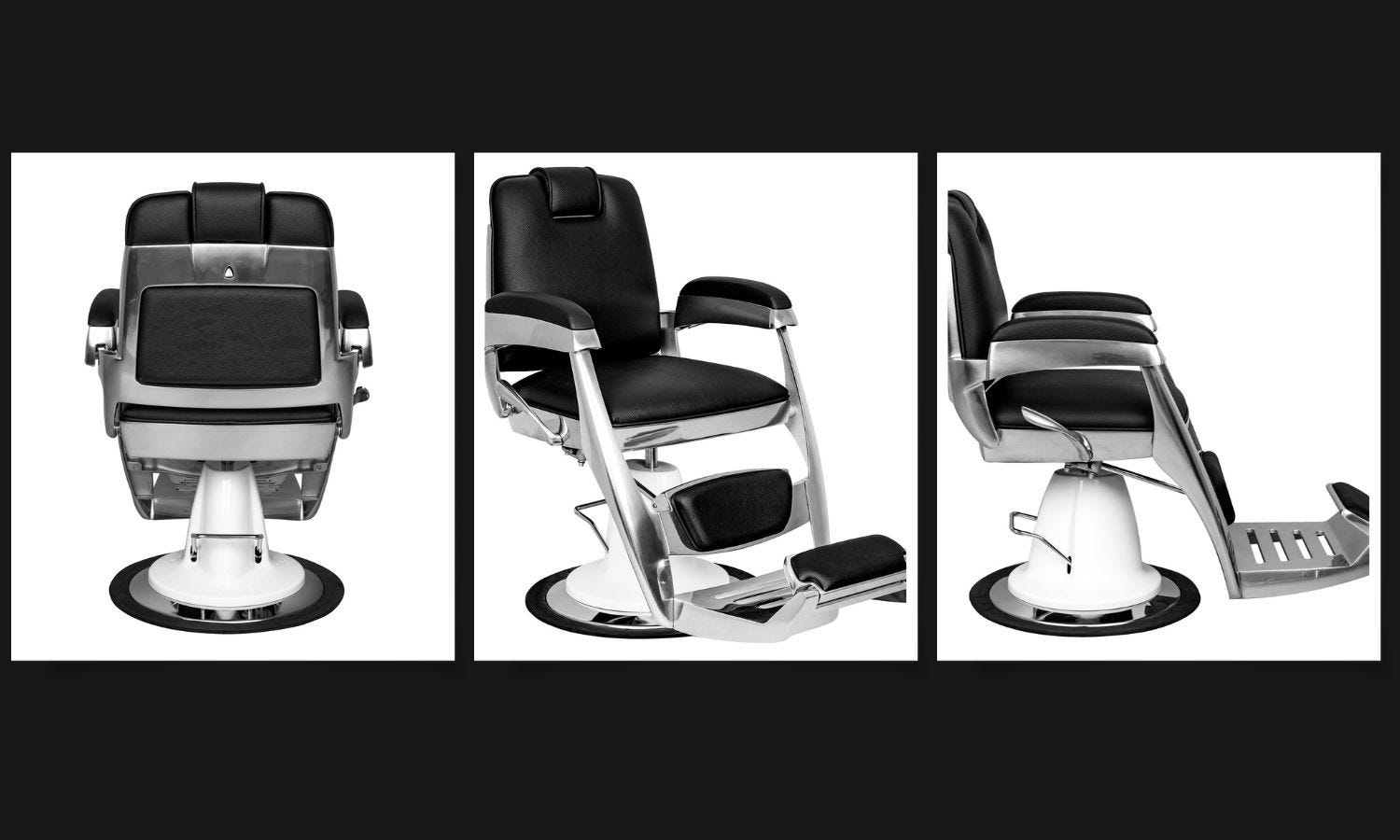 front, back and side views of a modern barber chair in black and chrome
