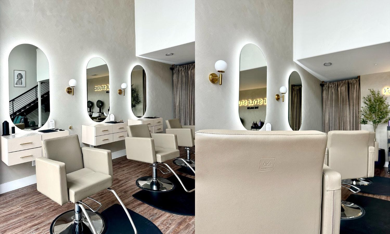 hair salon interior with beige chairs, oval mirrors and wall-mounted styling stations