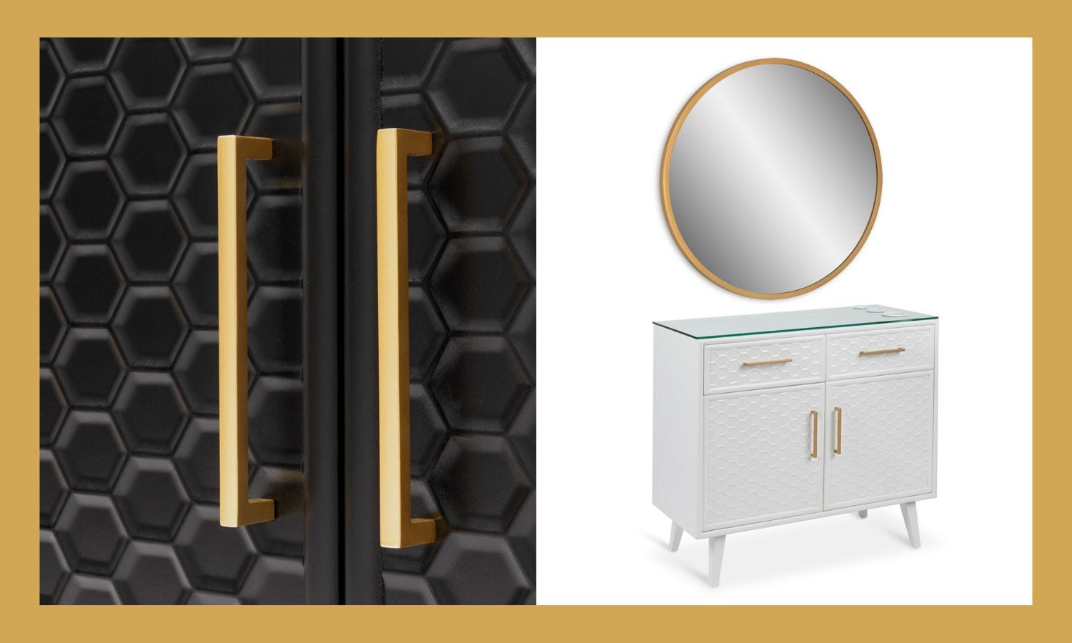 2-drawer white styling station with honeycomb texture, glass countertop and round mirror