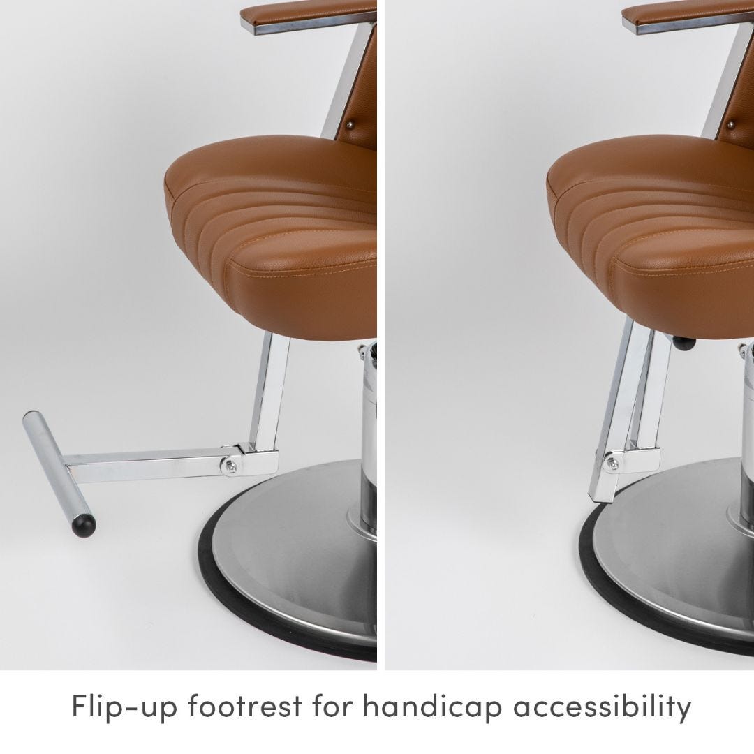 salon chair with handicap accessible flip-up footrest shown in down and up positions