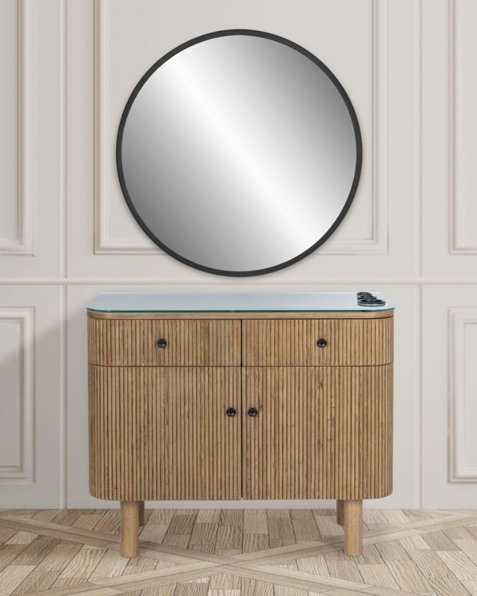 salon styling station with fluted wood exterior and round mirror