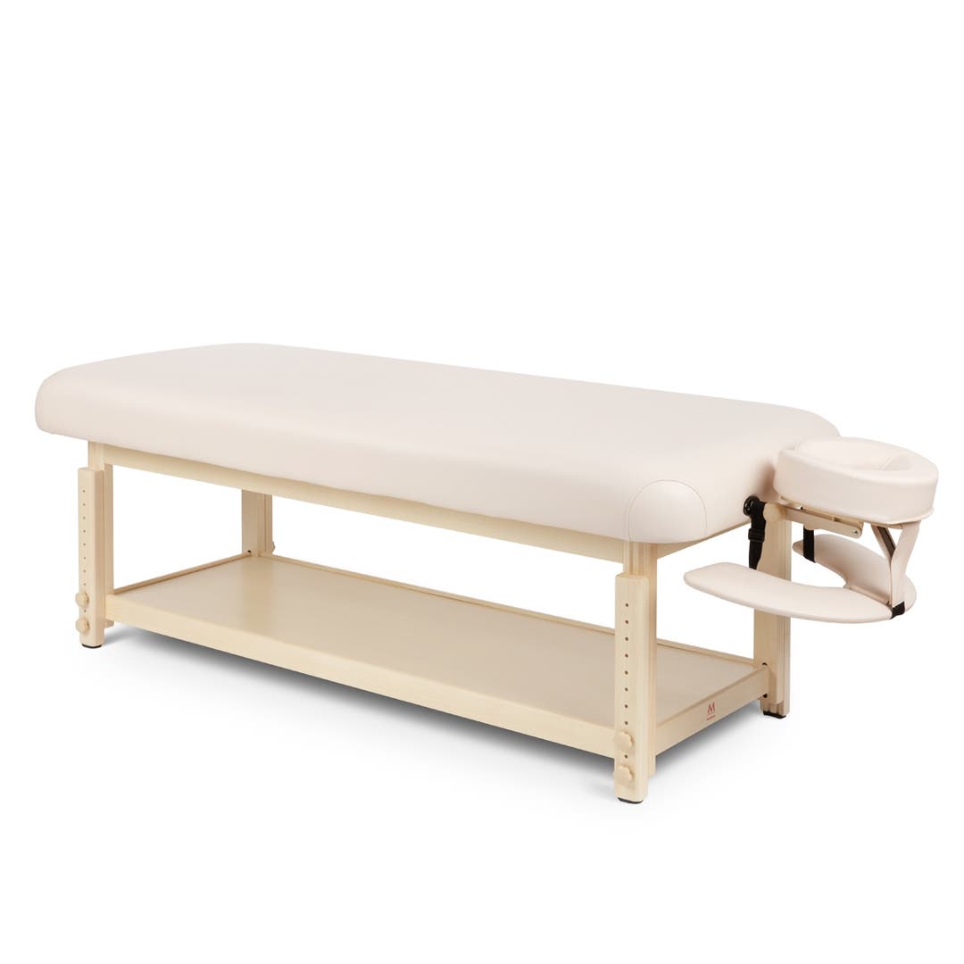 Woodloch Stationary Massage Table in Beige with Natural Wood Frame