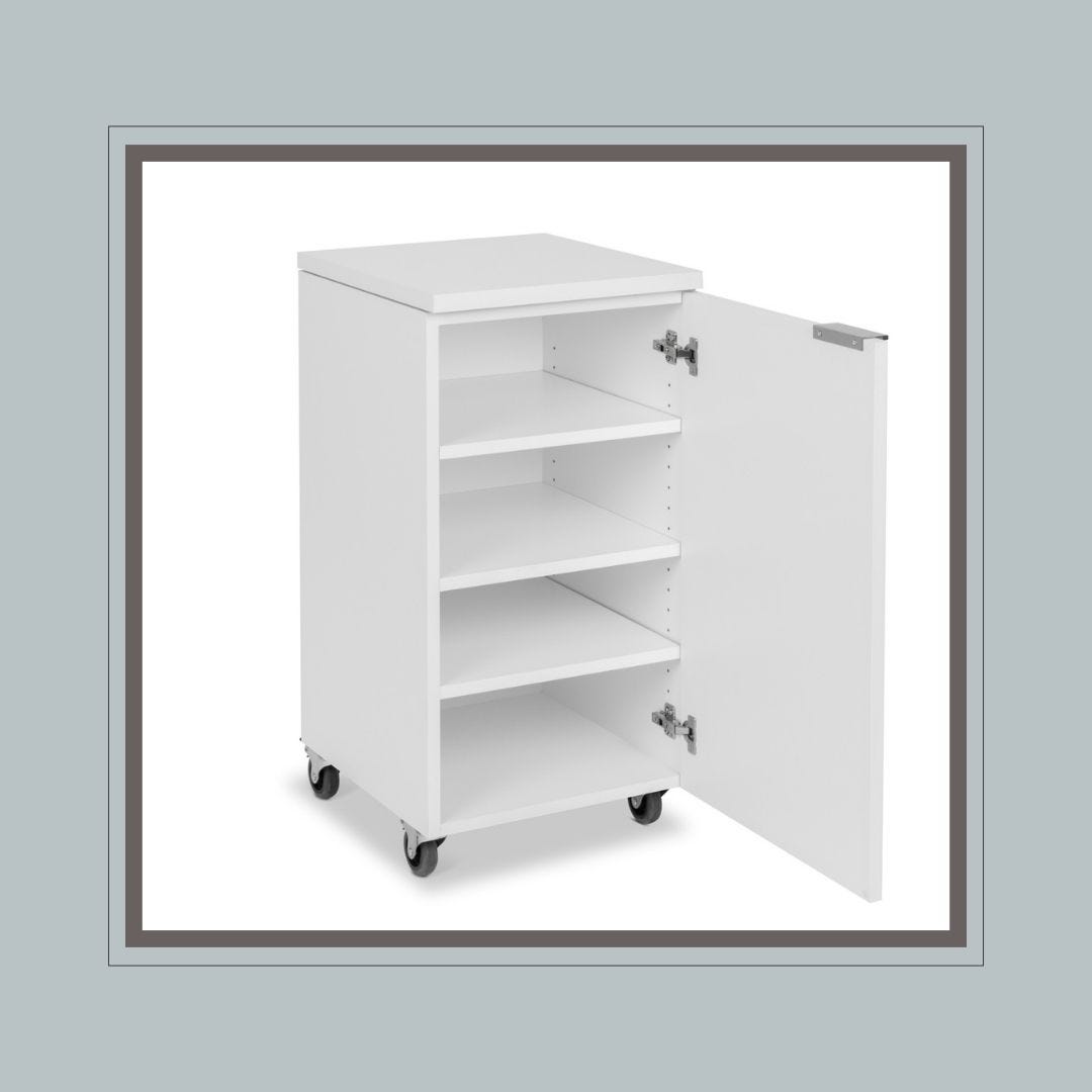 white laminate salon trolley with door, interior shelving and wheels