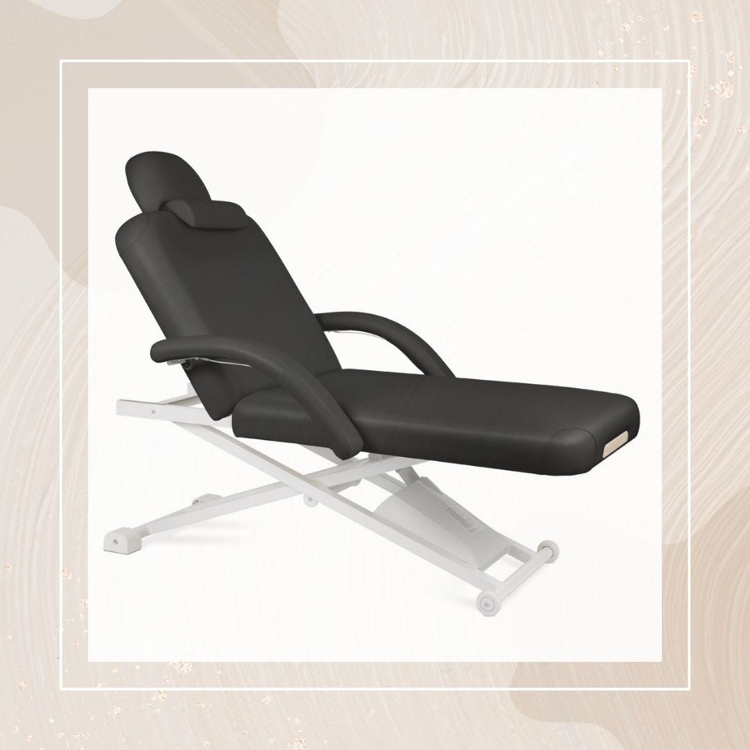 electric esthetician bed with wheeled base and foot controller
